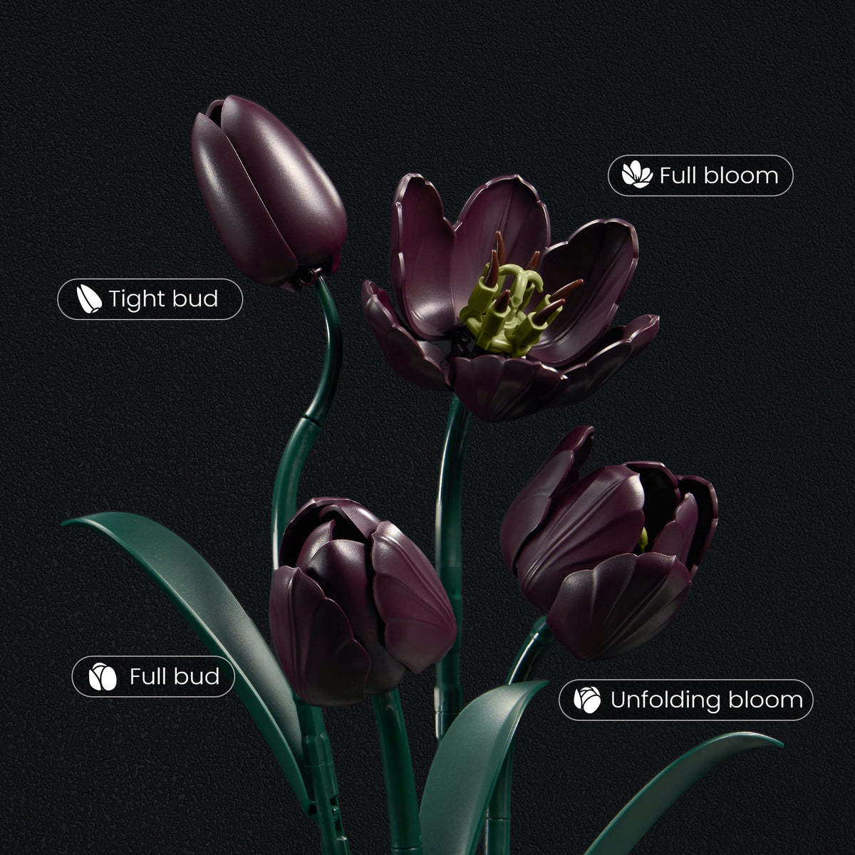 Gothic tulip flower bouquet building block set showing different bloom stages from tight buds to full blossoms, with realistic dark purple petals and botanical details.