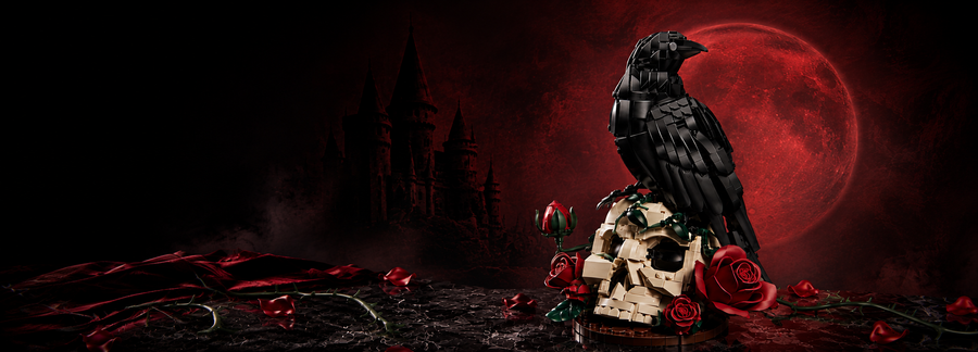 Gothic raven perched on a white skull with red roses against a large red moon in a dark landscape.
