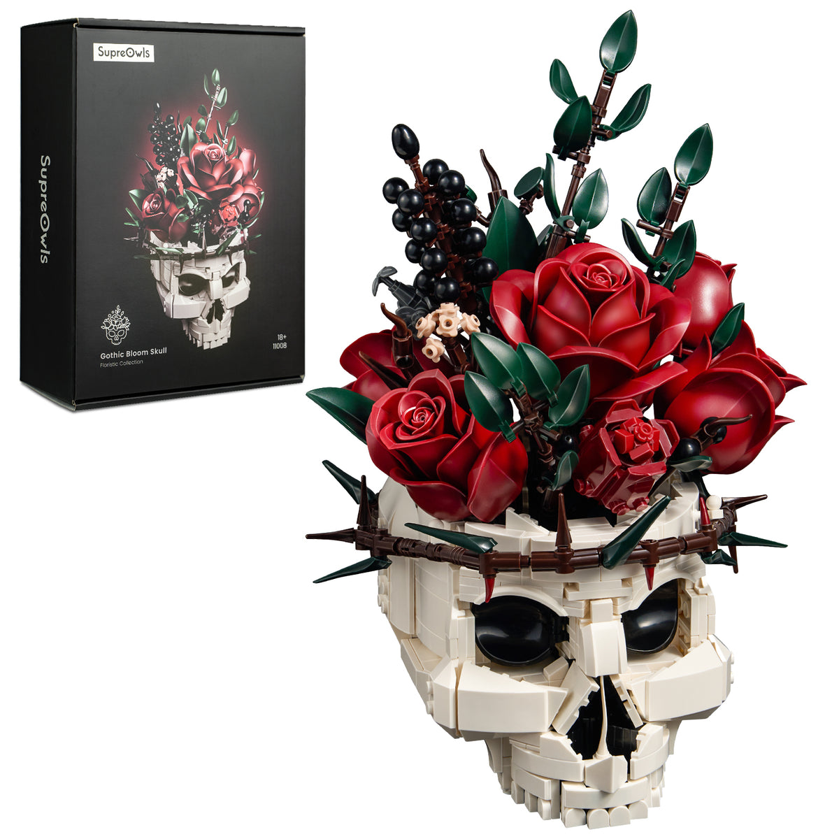 Gothic skull red rose bouquet building block set displayed with a completed white skull decorated with red roses, green leaves, dark berries, and product packaging on a white background.