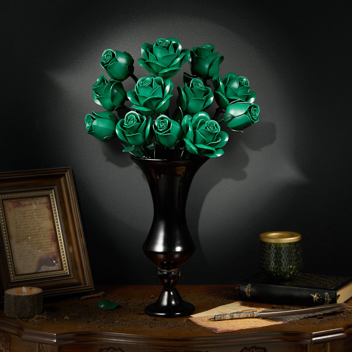 Green roses bouquet building block set displayed in a black vase, featuring a full arrangement of deep green roses with realistic layered petals on a dark vintage tabletop.