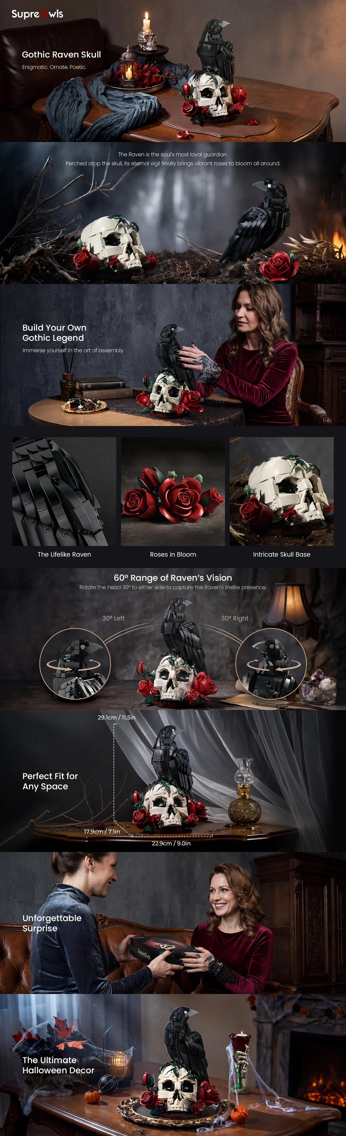 Gothic Raven Skull product collage showing the black bird, white skull and red roses, component details, step-by-step assembly, moody tabletop styling and two people presenting the finished set.